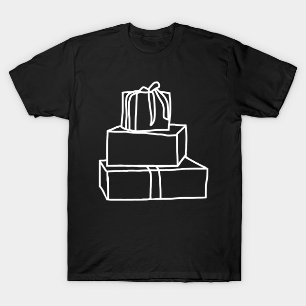 White Line Art Christmas Pile of Three Gift Boxes T-Shirt by ellenhenryart